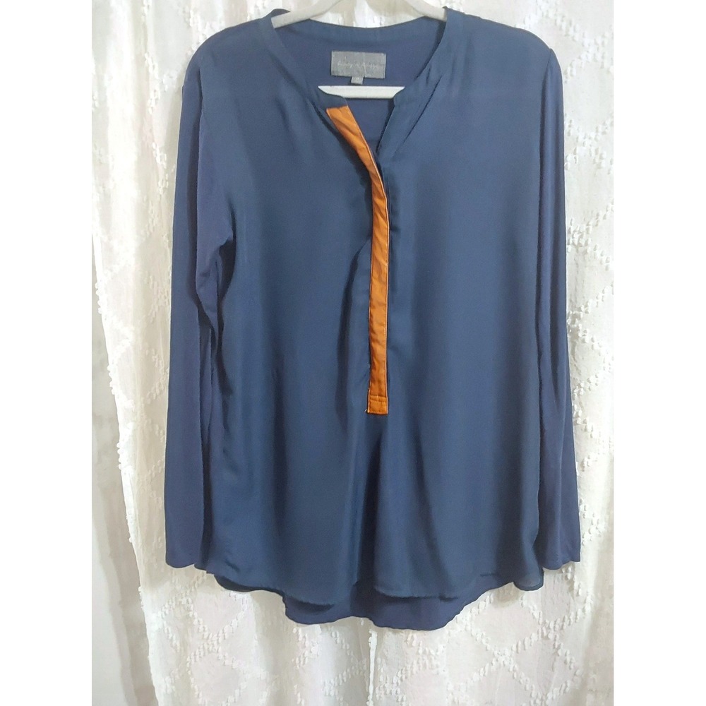 Sunday in Brooklyn Navy Blue Faux Leather Trim Long Sleeve Tunic Blouse Medium